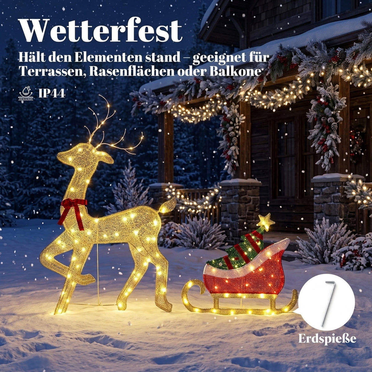 Leuchtendes Rentier mit Schlitten, flache Weihnachtsdeko für außen, 95 warmweiße LEDs, 8 Leuchtmodi, Timer