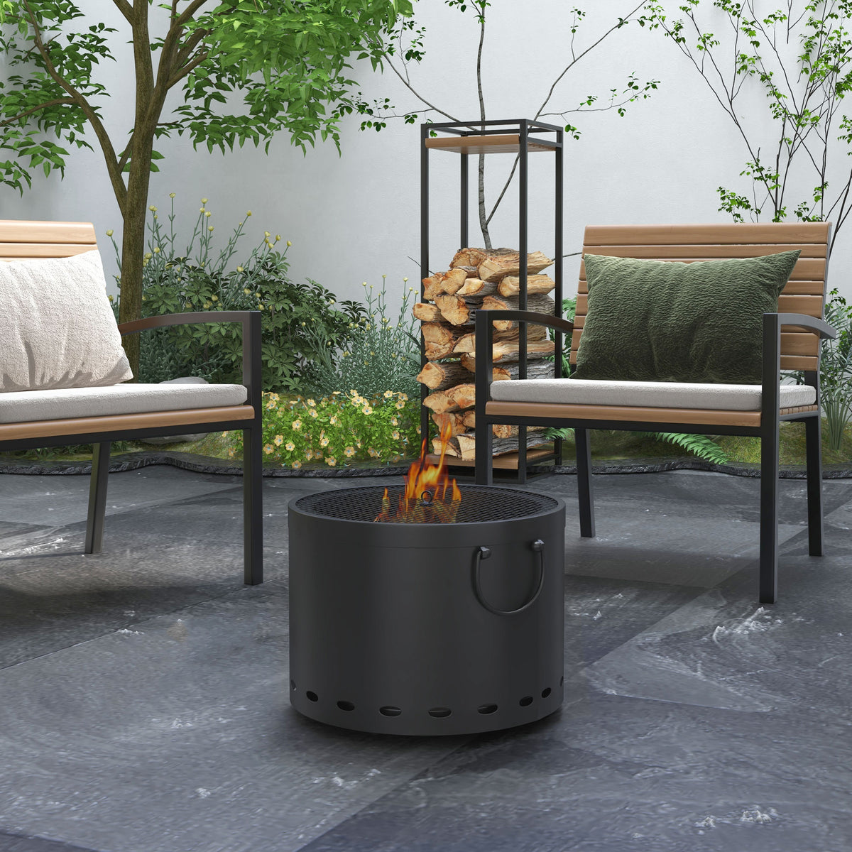  Smokeless Fire Pit, 38cm Portable Wood Burning Firepit with Spark Screen and Poker, Low Smoke Camping Bonfire Stove for Garden Patio Picnic, Dark Grey
