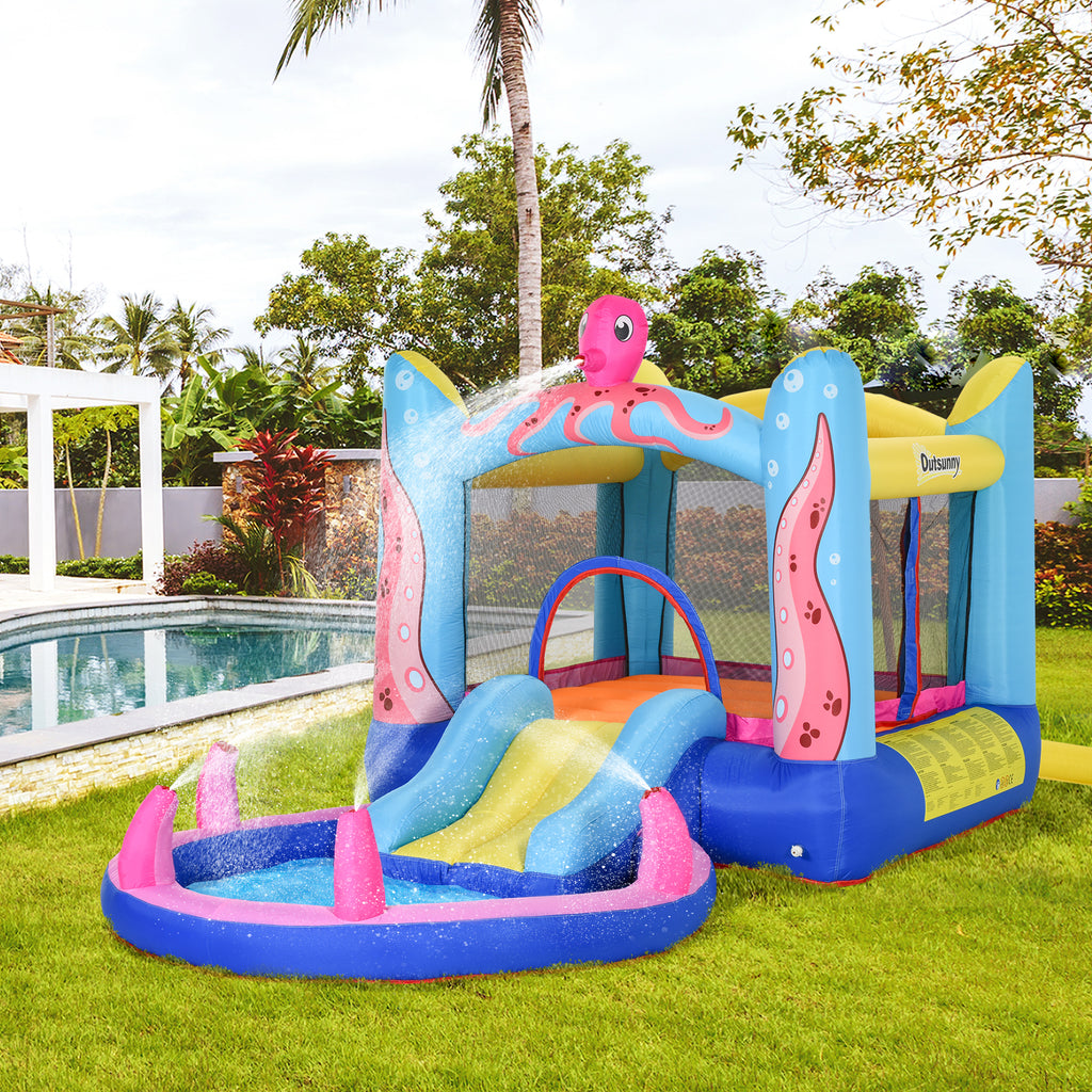 Selbstaufblasende Hüpfburg inkl. Gebläse, Flicken, 1 Trampolin, 1 Wasserbecken, 1 Rutsche, 360 x 175 x 180 cm