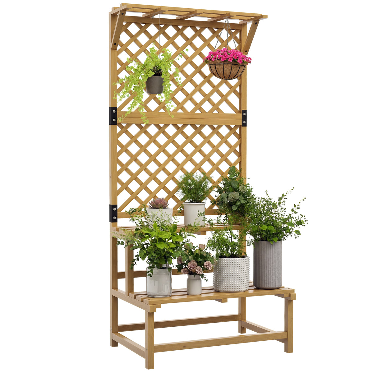 Pflanzenst?nder, Blumenregal, 2 Etagen, mit Spalier & Dach, Tannenholz, 75x50x166cm, Gelb