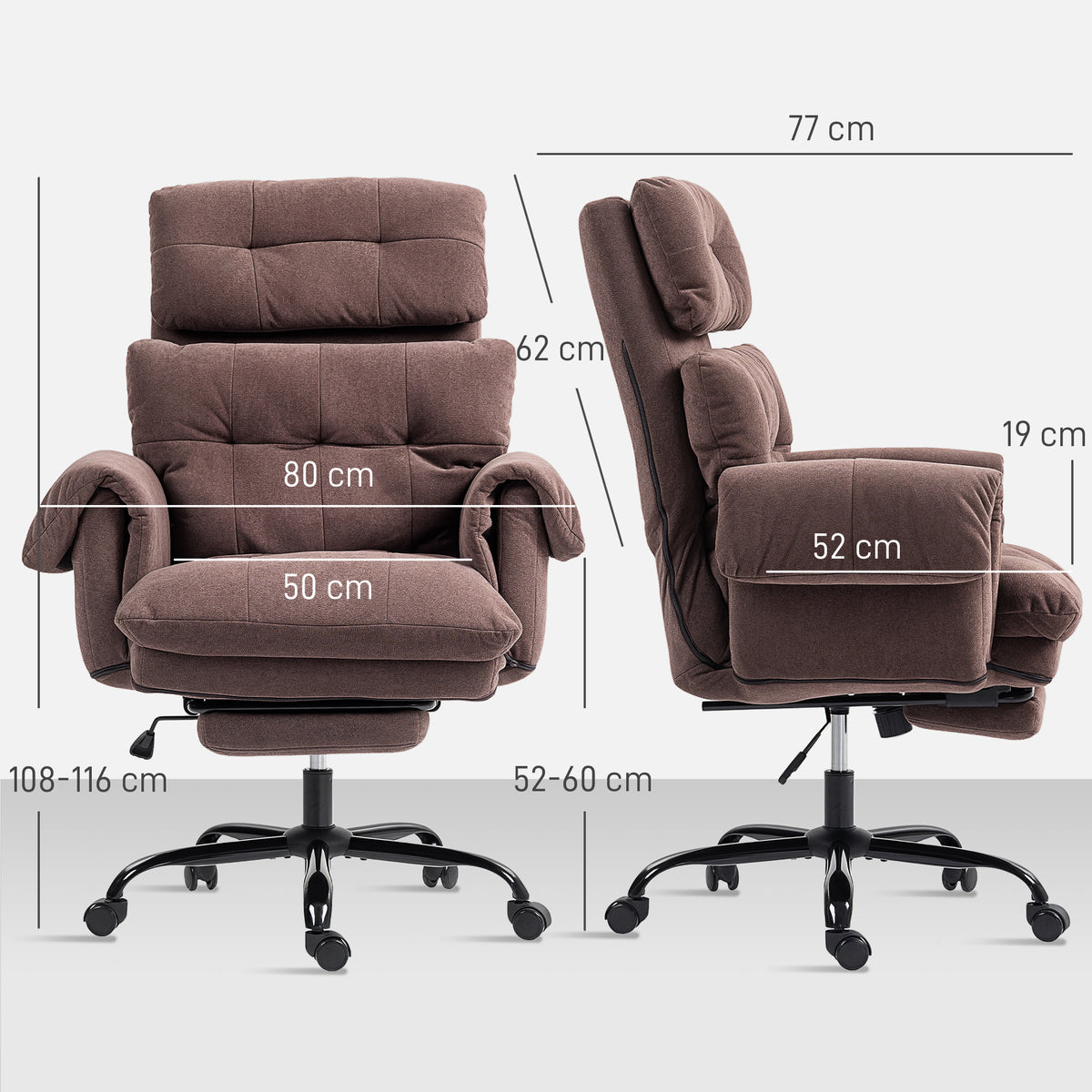 B¨¹rostuhl mit verstellbarer R¨¹ckenlehne, rollbarer Polsterstuhl, Polstersessel, h?henverstellbar, Stahl, Braun