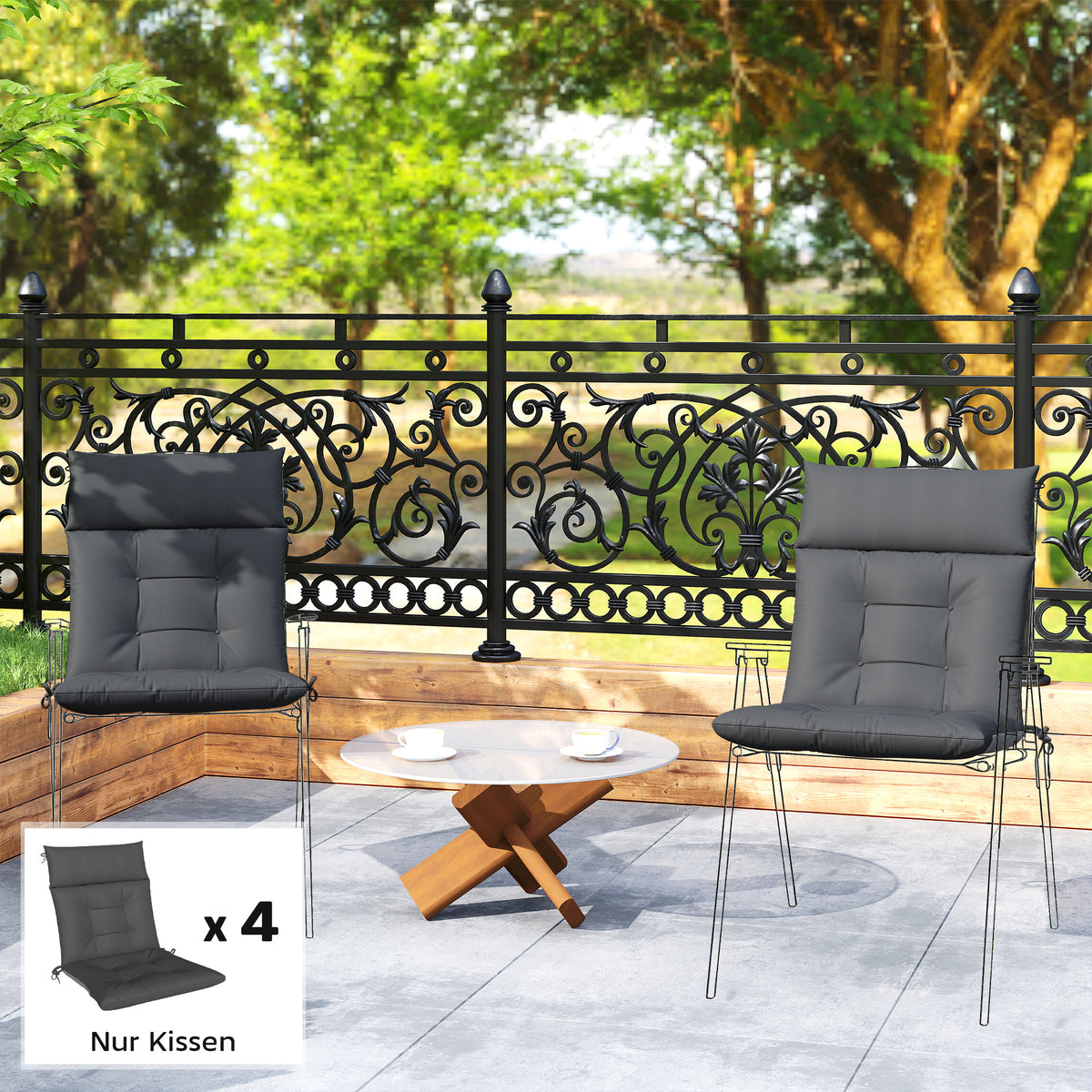 4er Set Sitzkissen wasserabweisend rutschfest Stuhlkissen mit Bändern, Indoor Outdoor 111,5 x 53 x 8 cm Dunkelgrau