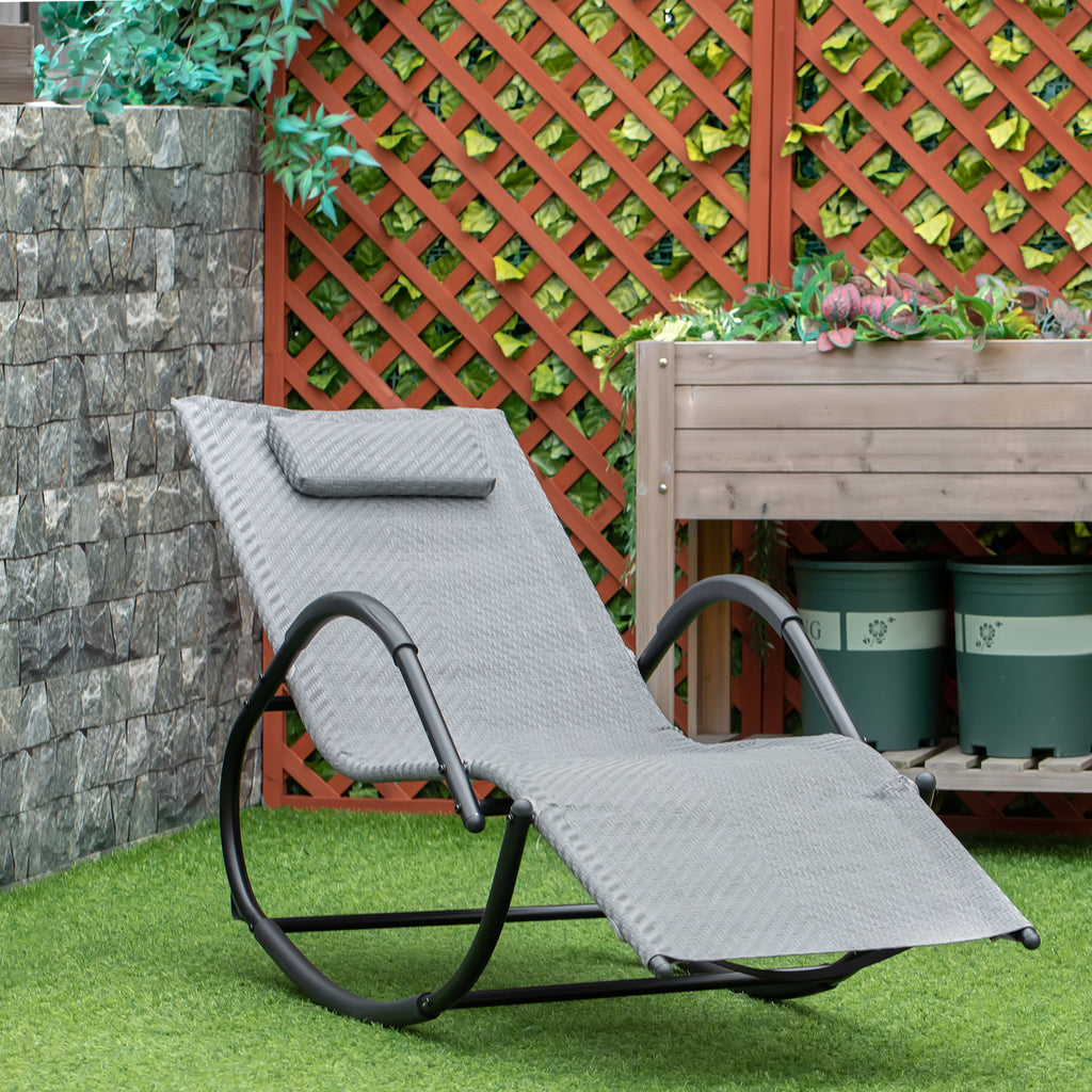 Zero Gravity Rocking Lounge Chair Rattan Effect Patio Rocking Chair w/ Removable Pillow Recliner Seat Breathable Texteline - Grey