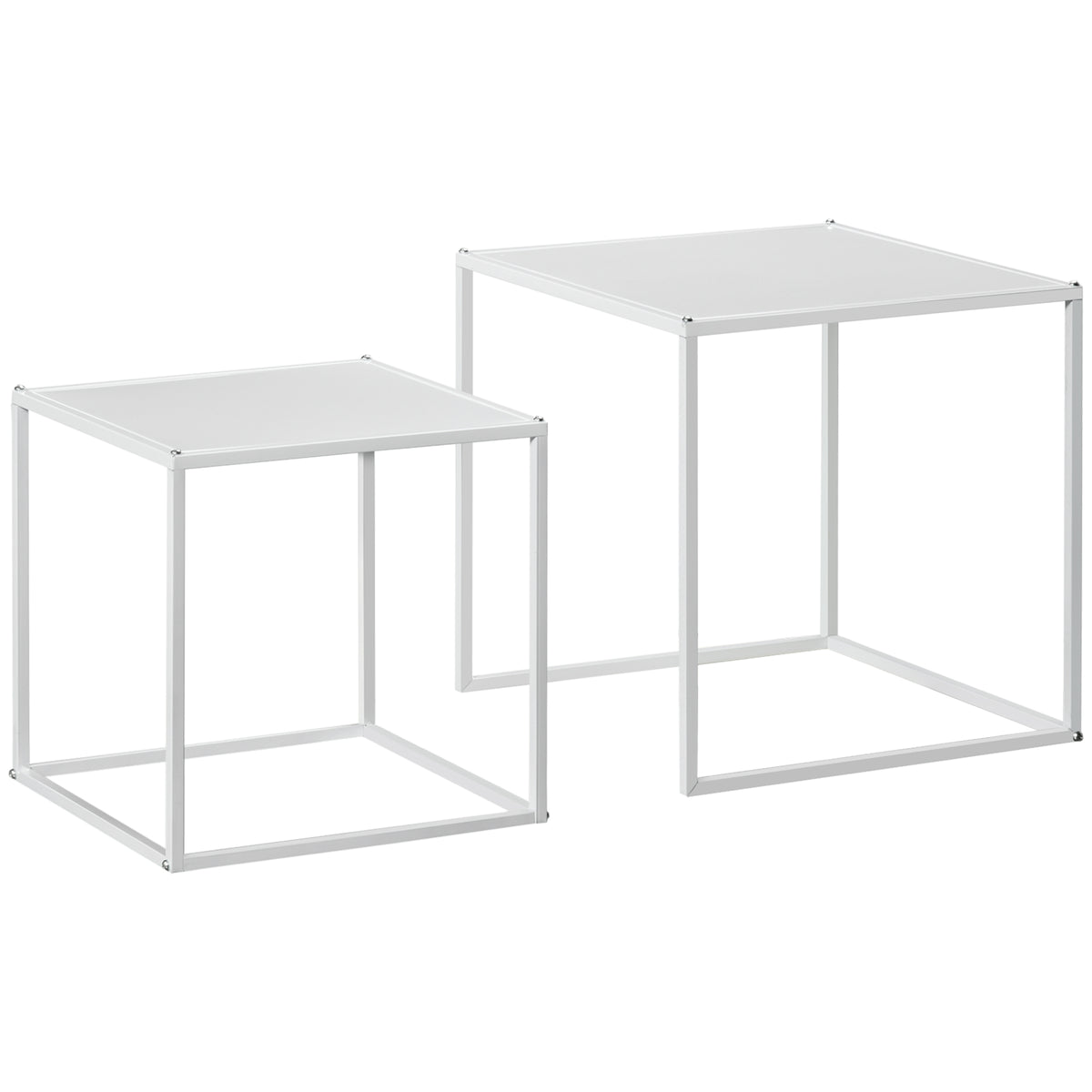Square Nesting Coffee Table Set of 2, Modern Nest of Tables, Sofa Side Tables with Steel Frame for Living Room, Bedroom, Small Space, White