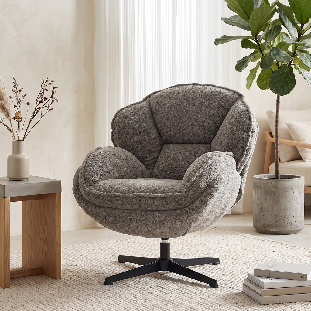 Moderner Wingback-Sessel, Samt-Armlehnsessel mit Vier-Sterne-Basis, S-Federn, 360° Drehfunktion, Grau