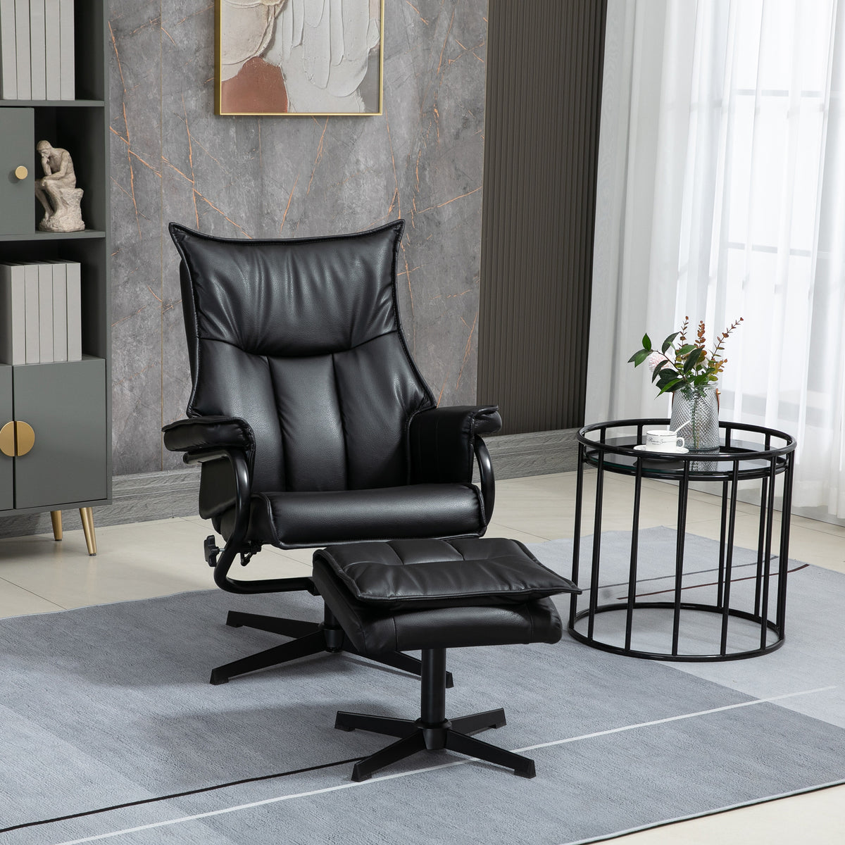 Relaxsessel mit Hocker, drehbar, neigbare Rückenlehne, Stahlrahmen, schwarz