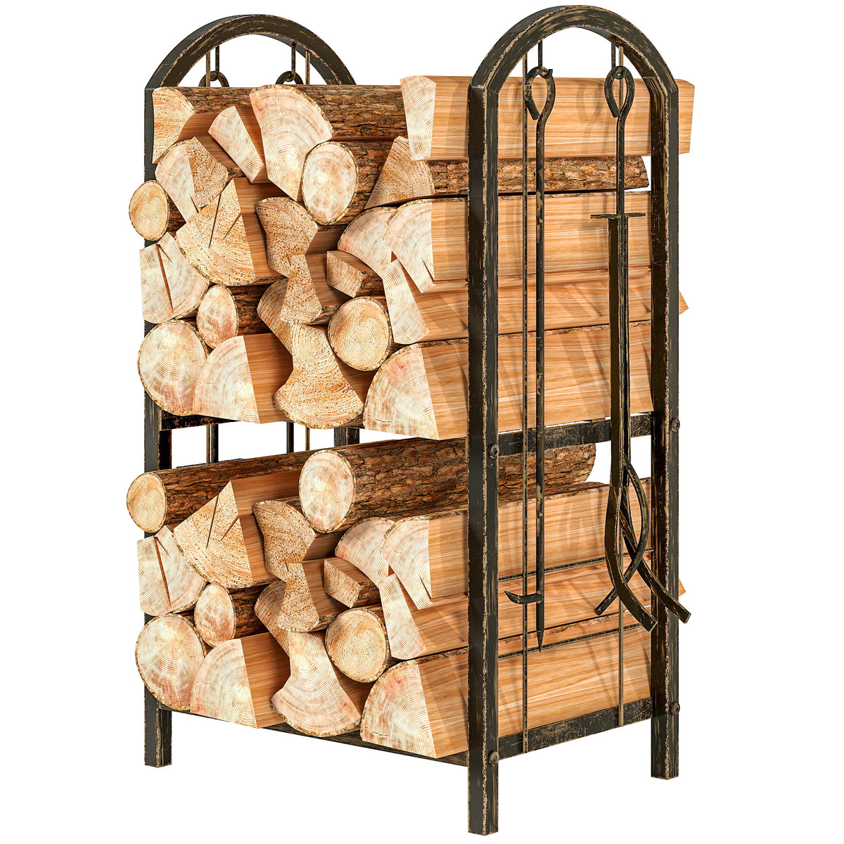 Kaminholzregal für innen 43 x 30 x 74cm 2 Ebenen Brennholzregal mit 4 Kaminwerkzeug, Haken