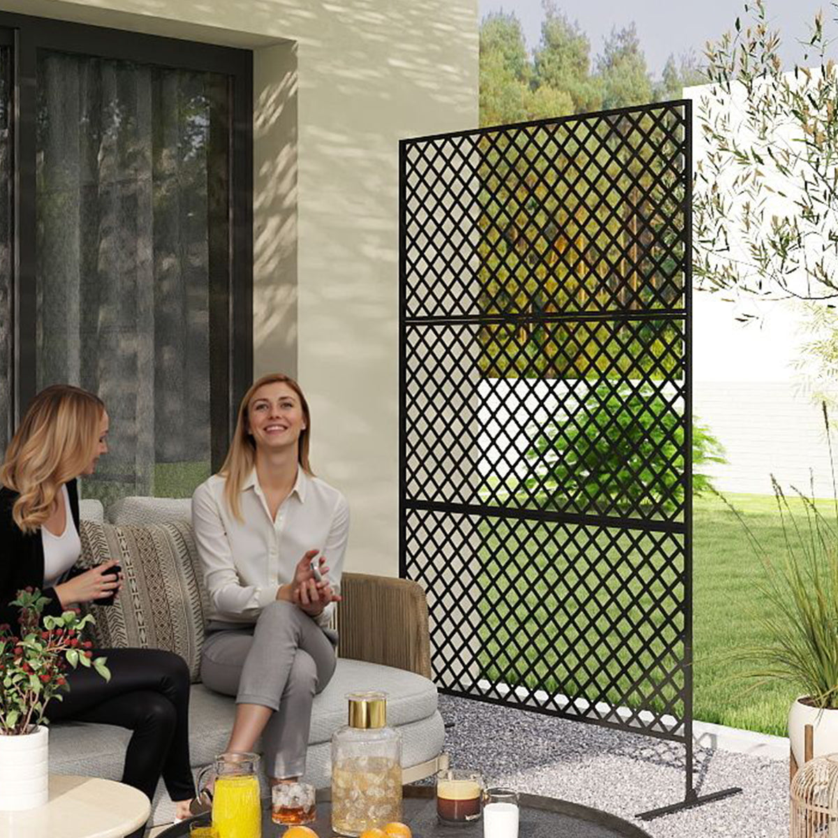 Outdoor-Raumteiler, Metall-Wandschirm für Terrasse, Veranda, Garten, Freistehendes Rankengitter, Stahl, Schwarz