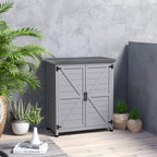 Gartenschrank, Außenschrank mit Arbeitsfläche, Werkzeugschrank, Massivholz, Stahl, 79B x 43T x 92H cm, Grau