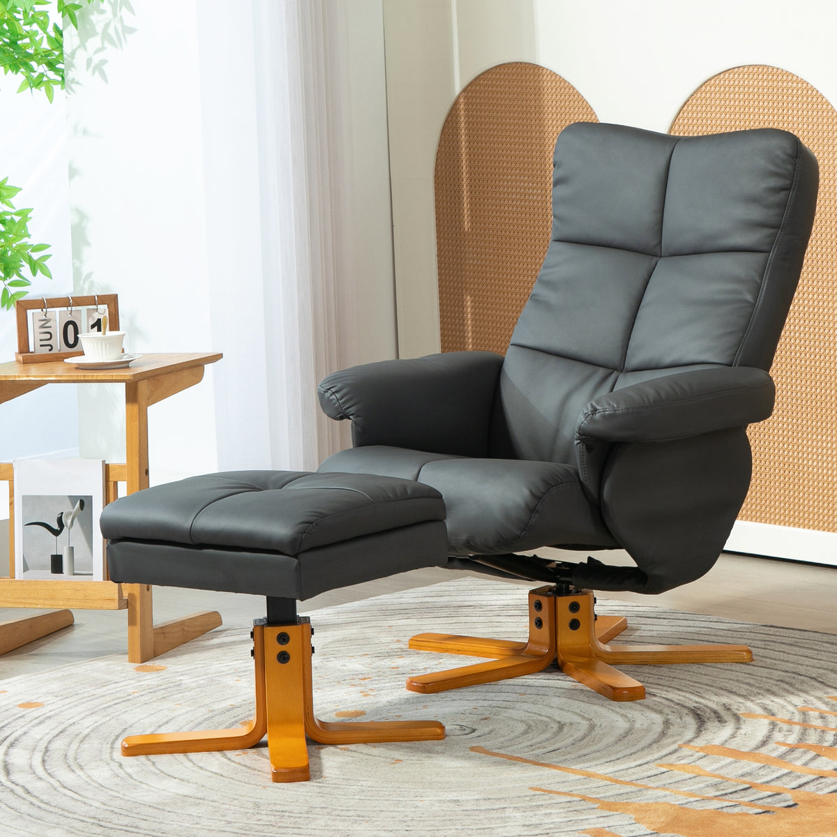Relaxsessel mit Hocker, 145° neigbare Rückenlehne, 360° drehbar, Kunstleder, Dunkelgrau