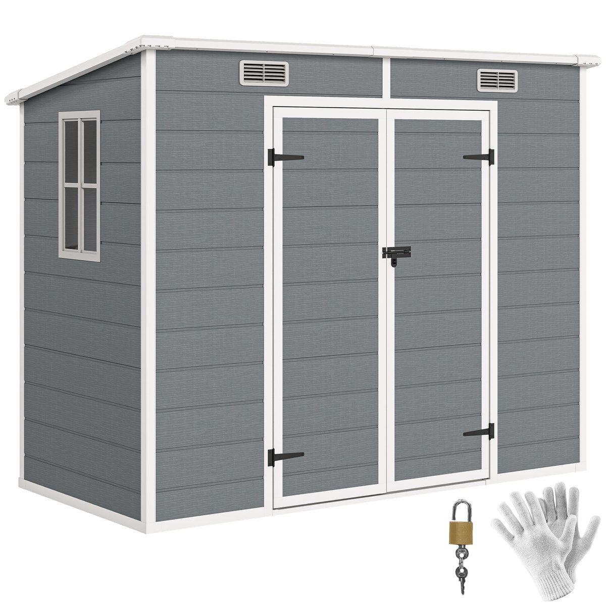 2,4 x 1,3 m Gartenschuppen, Kunststoff-Gartenhaus mit Boden, Fenster, verschließbare Türen, für Garten, Terrasse, Grau