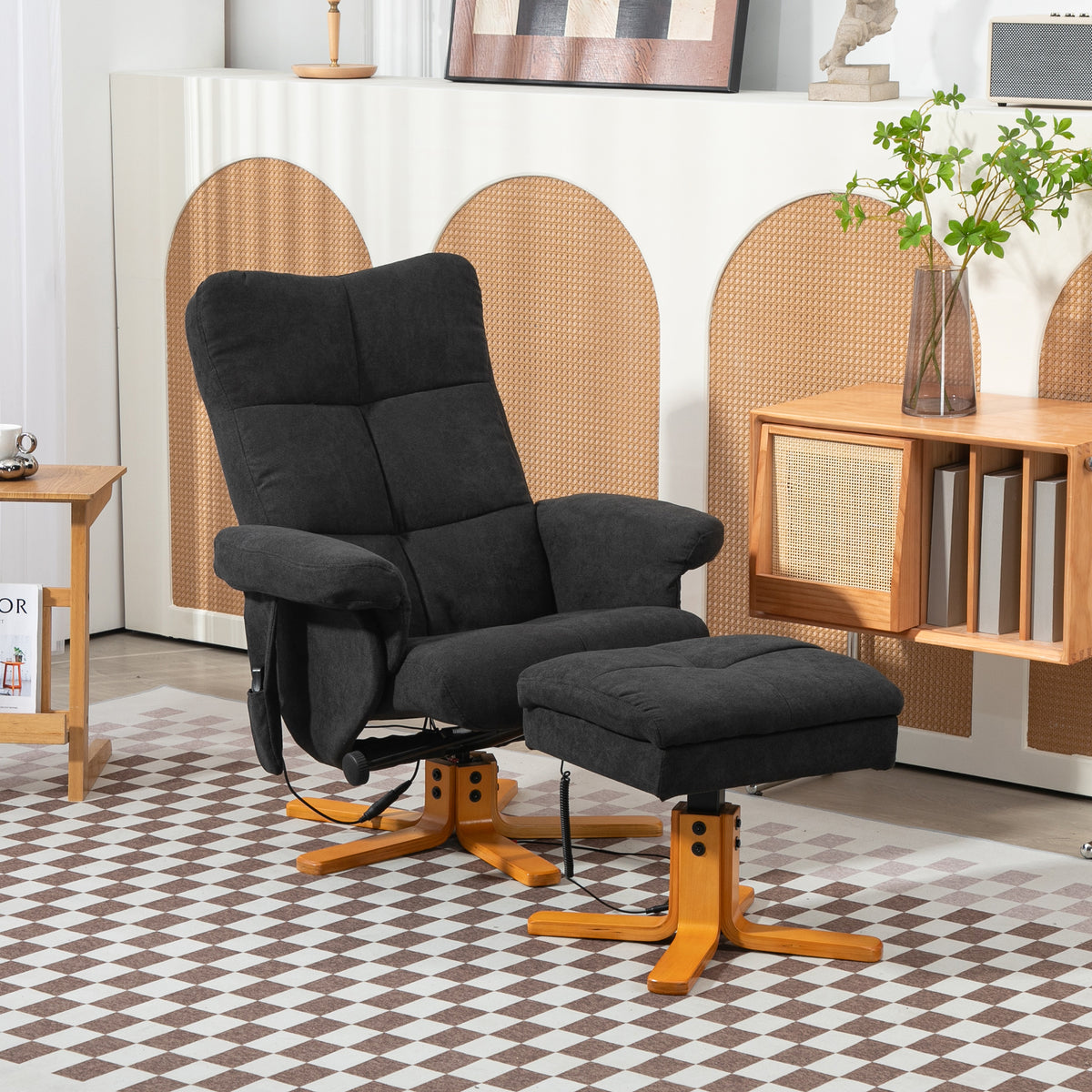 Massagesessel mit Liegefunktion und Fu?hocker, 145¡ã-Neigung, Polyester, 80 x 86 x 99 cm, Schwarz