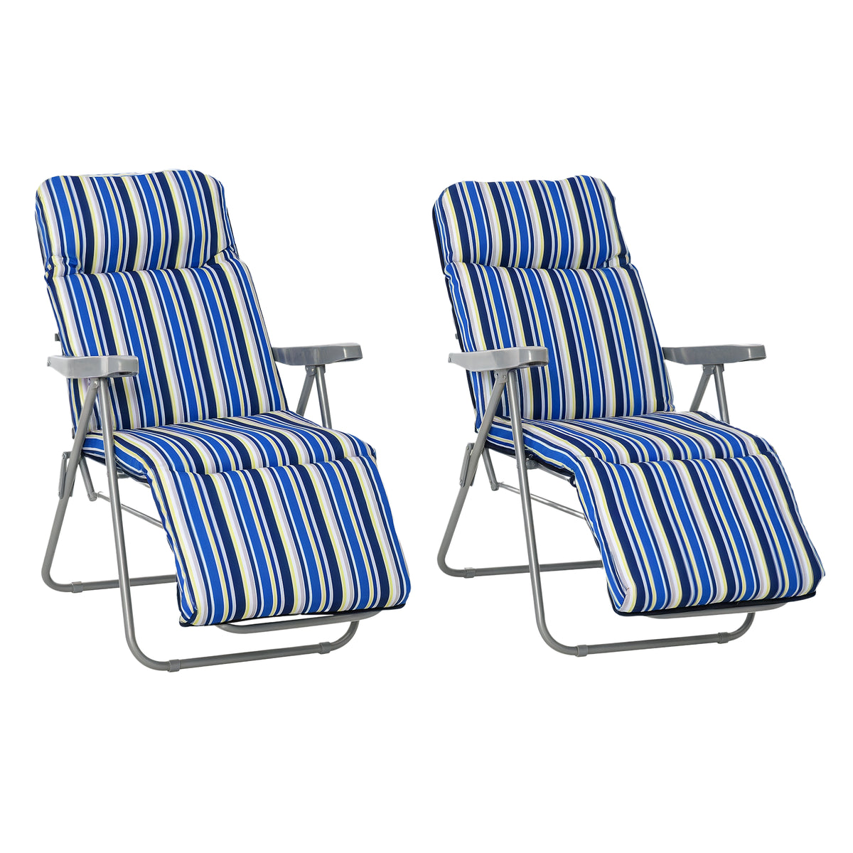 Reclining Garden Chair Set of 2, 5-Level Adjustable Zero Gravity Chairs with Cushions, Folding Sun Lounger Garden Recliner Chairs with Armrests for Outdoor, Patio, Blue Stripe