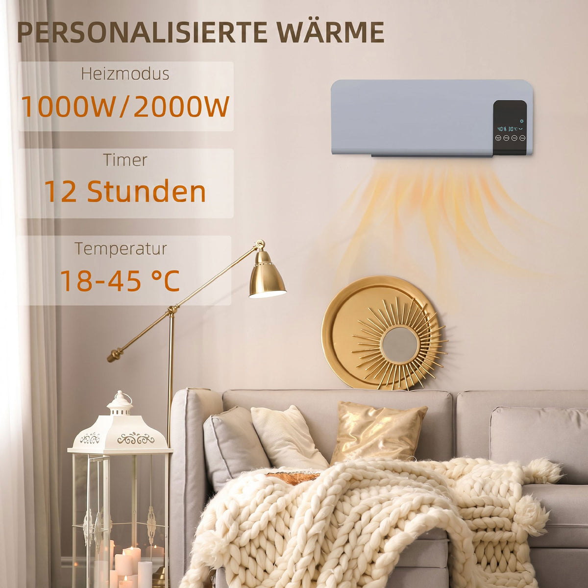 Elektro-Heizung, Wandmontage, Schwingfunktion, 2 Modi, Timer, LED-Anzeige, Grau