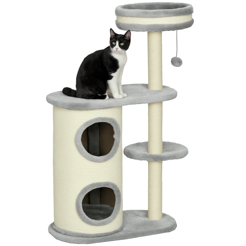 Kratzbaum für Katzen, Sisal-Seilpfosten, weicher Plüsch, mehrstufig, Ballspielzeug, Grau, 59x35x100 cm
