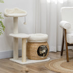 Kratzbaum mit Katzenhöhle, Spielball und Plattform, Schilfrohr/Sisal, bis 10 kg, 60 x 40 x 79 cm, Cremeweiß
