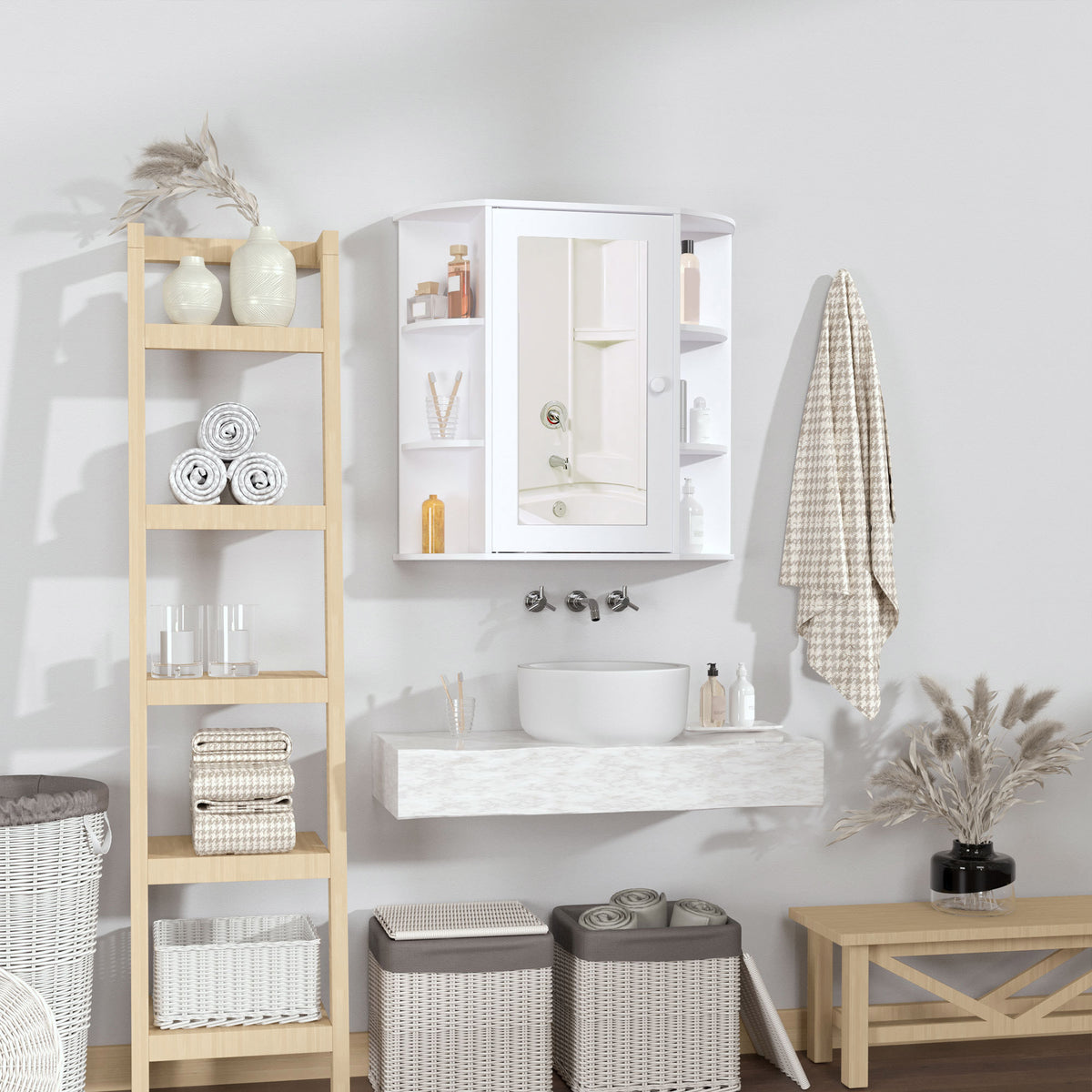 Spiegelschrank Badschrank Badezimmerschrank, 8 F?cher, Spiegelt¨¹ren, wasserbest?ndig, 66 cm x 17 cm x 63 cm, Wei?