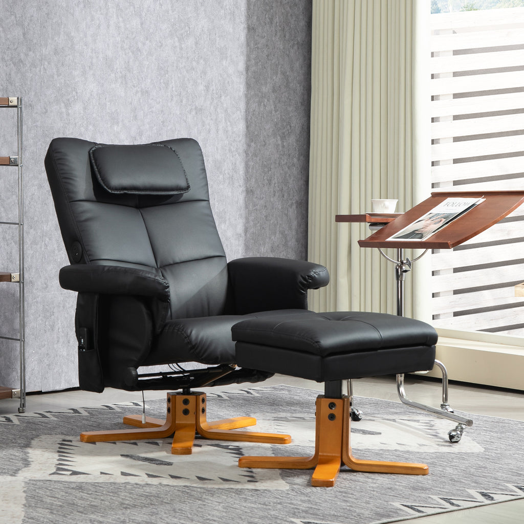 Massagesessel mit Hocker, verstellbare Lehne, USB-Ladeport, Lederoptik, bis 150 kg, Schwarz