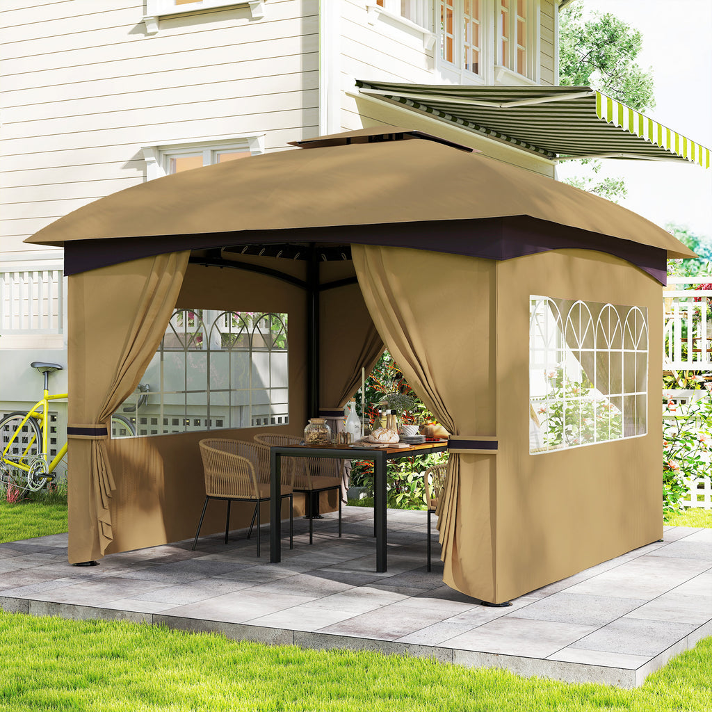 3,4 x 3,4 m Gartenpavillon, Bierzelt mit Lüftungsdach, Bogenfenstern, Stahlgestell, Beige