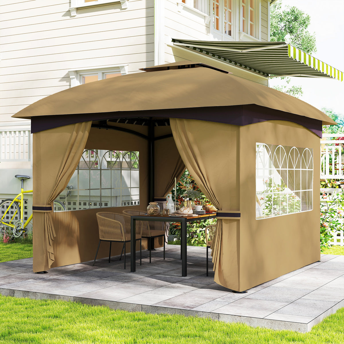 3,4 x 3,4 m Gartenpavillon, Bierzelt mit Lüftungsdach, Bogenfenstern, Stahlgestell, Beige