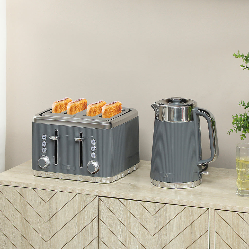 2200W, 1,7L Wasserkocher mit Schnellkochfunktion, Entkalkungsfilter und 4-Scheiben-Toaster mit 7 Br?unungsstufen, Grau