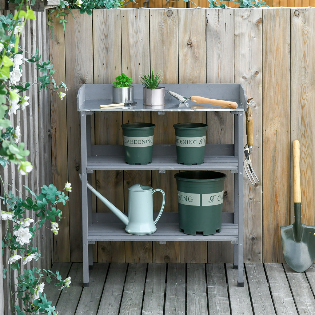  Pflanztisch Gärtnertisch Blumentisch mit Metall Arbeitsfläche Garten Holz Grau 76 x 37 x 89 cm