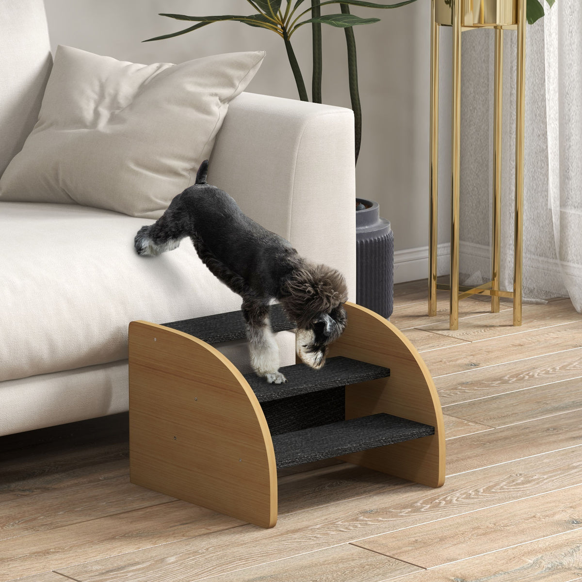 Haustiertreppe Hundetreppe, 3 Stufen, kleiner Hund, 38,5 cm x 38,5 cm x 30 cm, Eiche + Schwarz