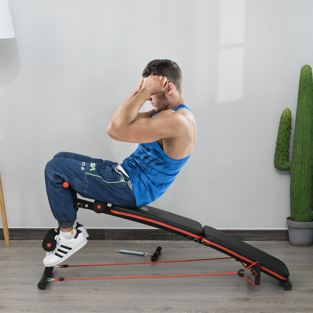  Sit Up Bench Core Workout Adjustable Thigh Support Foldable for Home Gym w/ Arm Pulling Rope Black