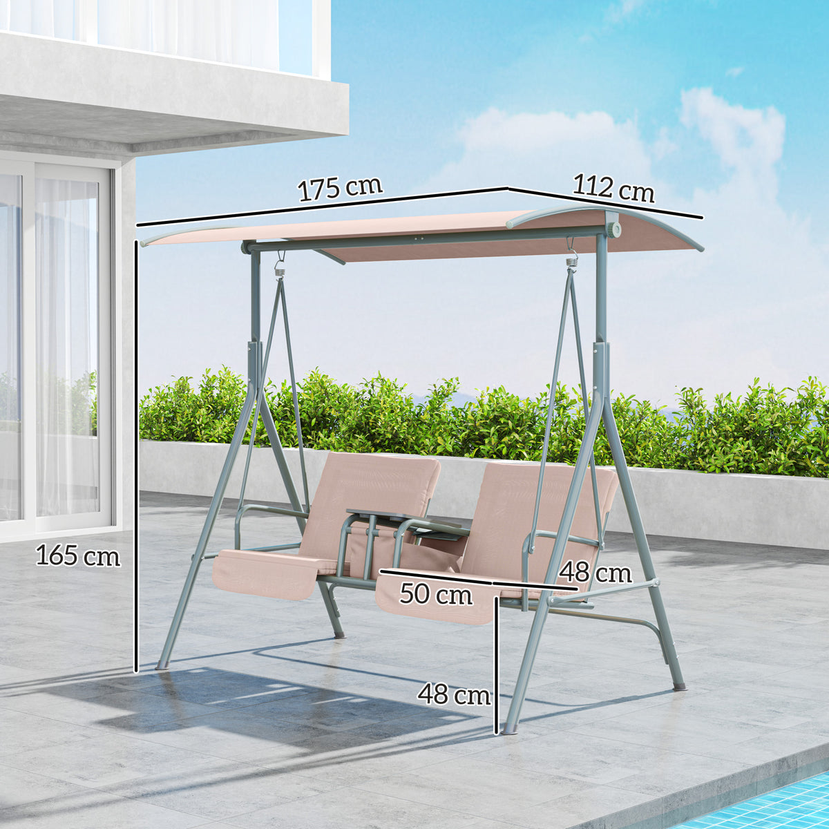Hollywoodschaukel, Gartenschaukel, 2-Sitzer-Schaukel mit Sonnendach, 175 x 112 x 158 cm, Beige