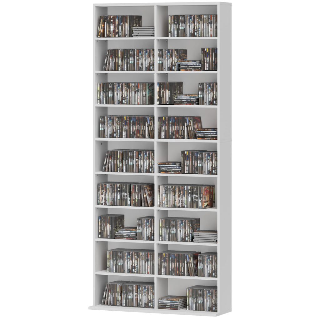 DVD-Regal, CD-Aufbewahrungsregal, 14 anpassbare Regale, 18 F?cher, 175 cm, Blu-ray-Regal, Spanplatte, Wei?