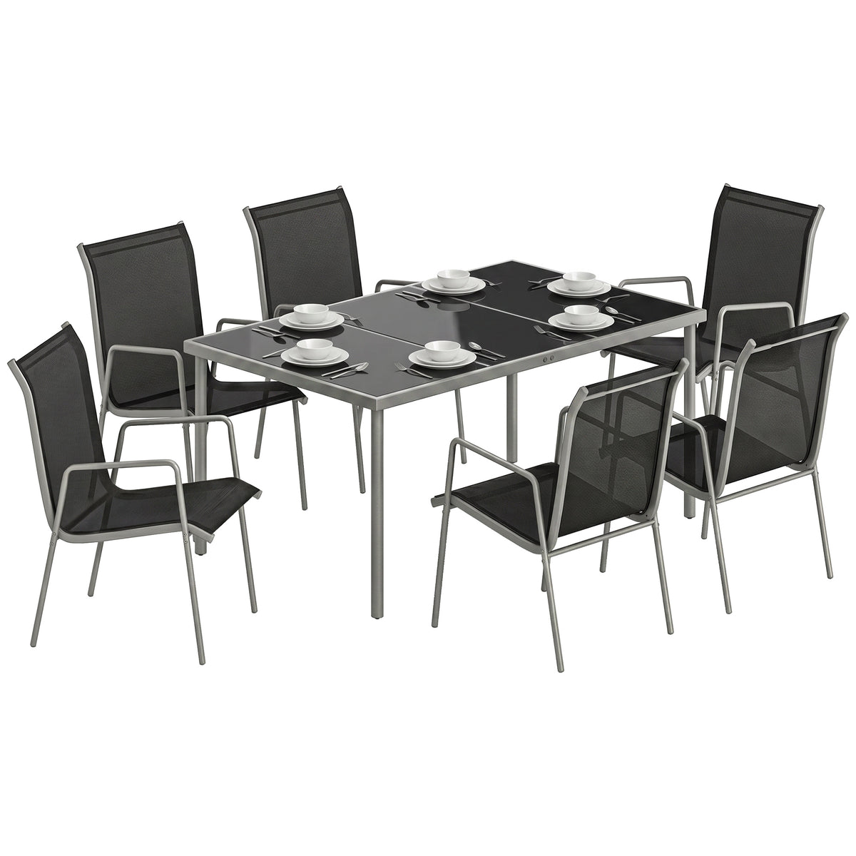 Gartenmöbel Set Sitzgruppe 150 x 90cm Tisch mit 6 Atmungsaktiven Stühlen Sicherheitsglas Tischplatte