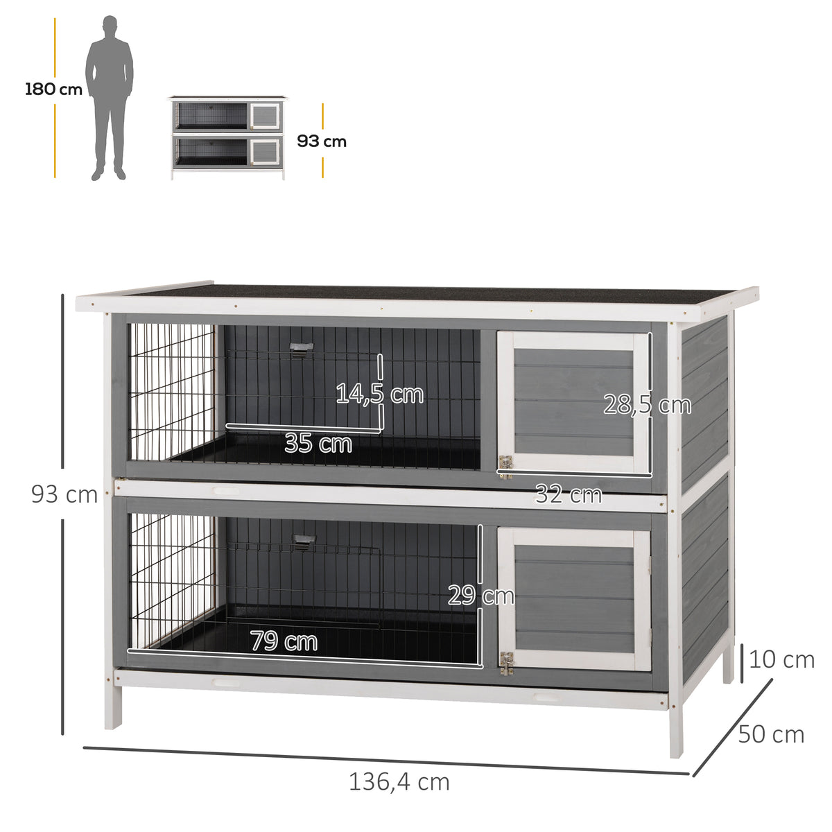 Kleintierstall f¨¹r Meerschweinchen und Zwergkaninchen, doppelst?ckig, Holz, Grau