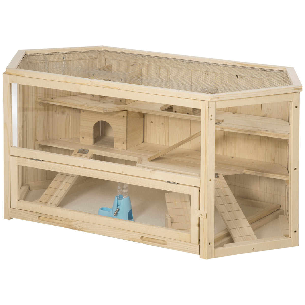 3 Tier Wooden Large Hamster Cage with Sliding Tray, Seesaws, Water Bottle, Natural