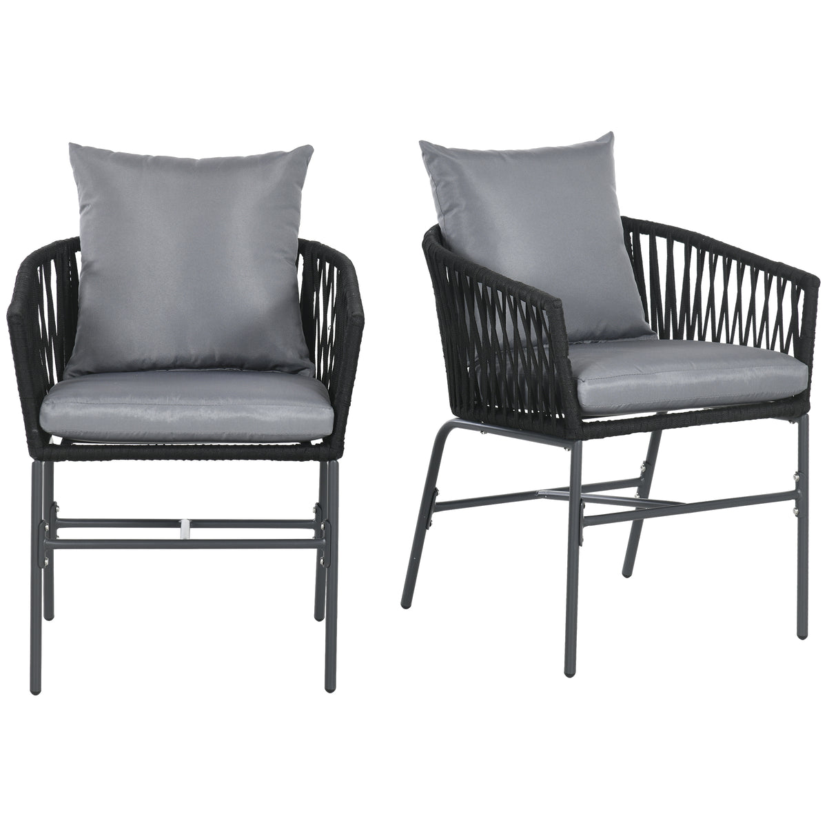 Outdoor Stühle, 2-er Set, Boho-Design, Sitz- und Rückenkissen, bequeme Sitzschale, Metallrahmen, Schwarz