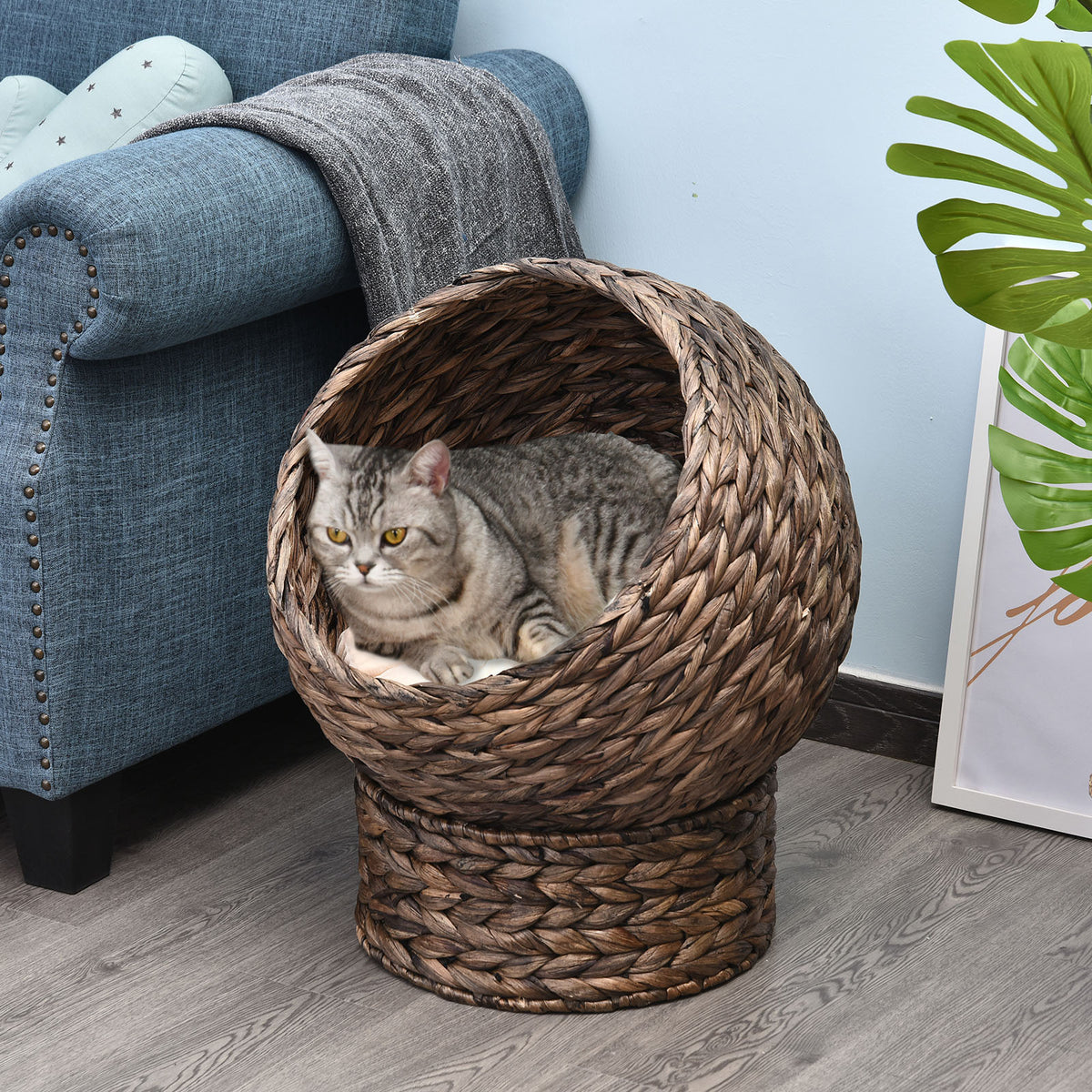Katzenkorb aus Wasserhyazinthe inkl. Kissen, Katzenbett, Haustierbett,50 cm x 42 cm x 60 cm, Braun + Beige