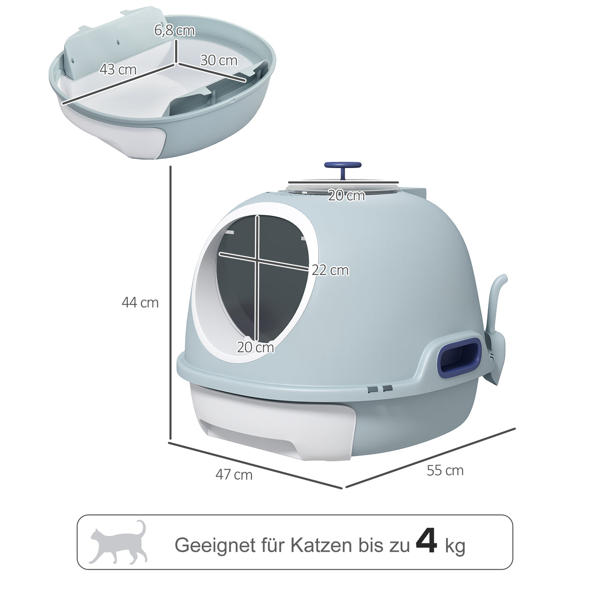 Cat Litter Box Toilet with Litter Scoop Enclosed Drawer, Front Entry Top Exit, Easy To Clean Blue
