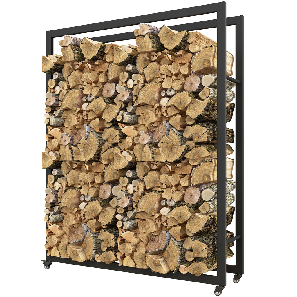 Feuerholzgestell mit Rädern, mobil, Metallrahmen, bis 150 kg, 120 x 32 x 151 cm, schwarz