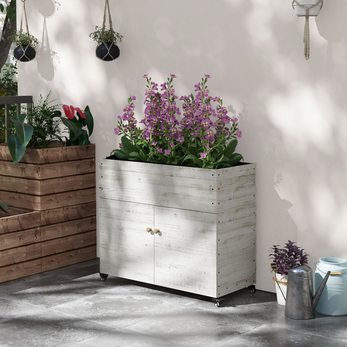 Hochbeet mit R?dern, Schrankfach, Innenauskleidung, Used Look, 110x50x95 cm, Wei?