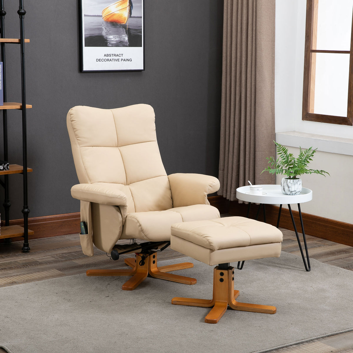 Relaxsessel mit Hocker, 360°drehbarer Fernsehsessel mit Massage, Liegefunktion, Massagesessel mit Seitentasche, TV-Sessel, Kunstleder für Wohnzimmer Cremeweiß