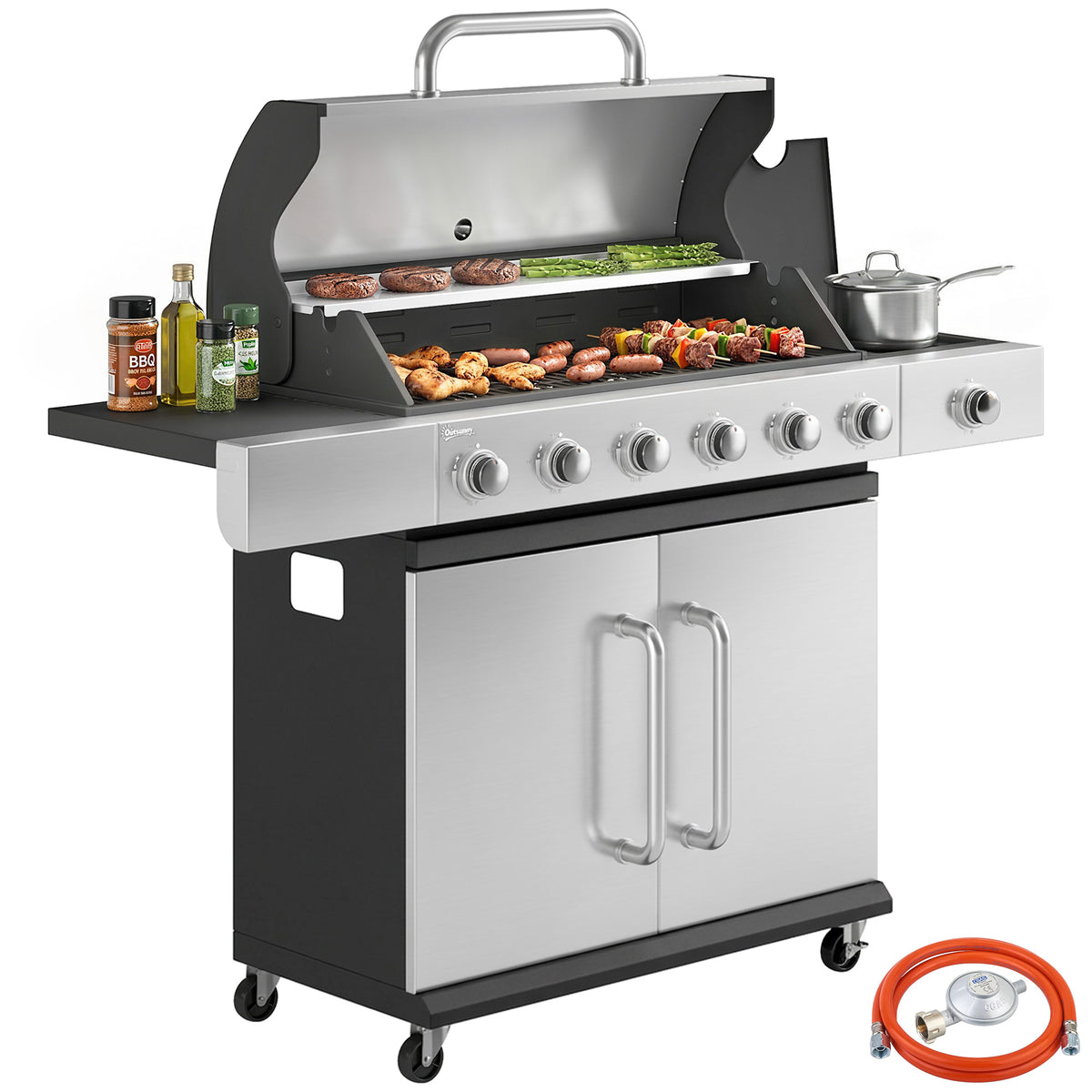 Gasgrill 18,6 KW 6+1 Brenner BBQ Grillwagen aus Edelstahl inkl Rolle Thermometer Warmhalterost Seitentisch Unterschrank