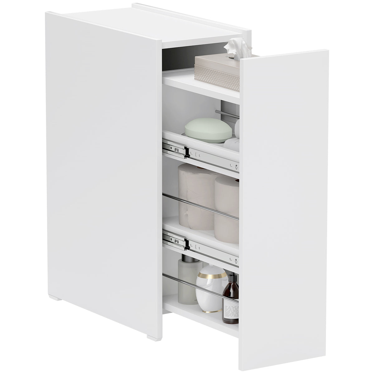 Schmaler Badezimmerschrank, Bodenschrank mit tiefer Schublade, Freistehender Badschrank, Spanplatte, Wei?