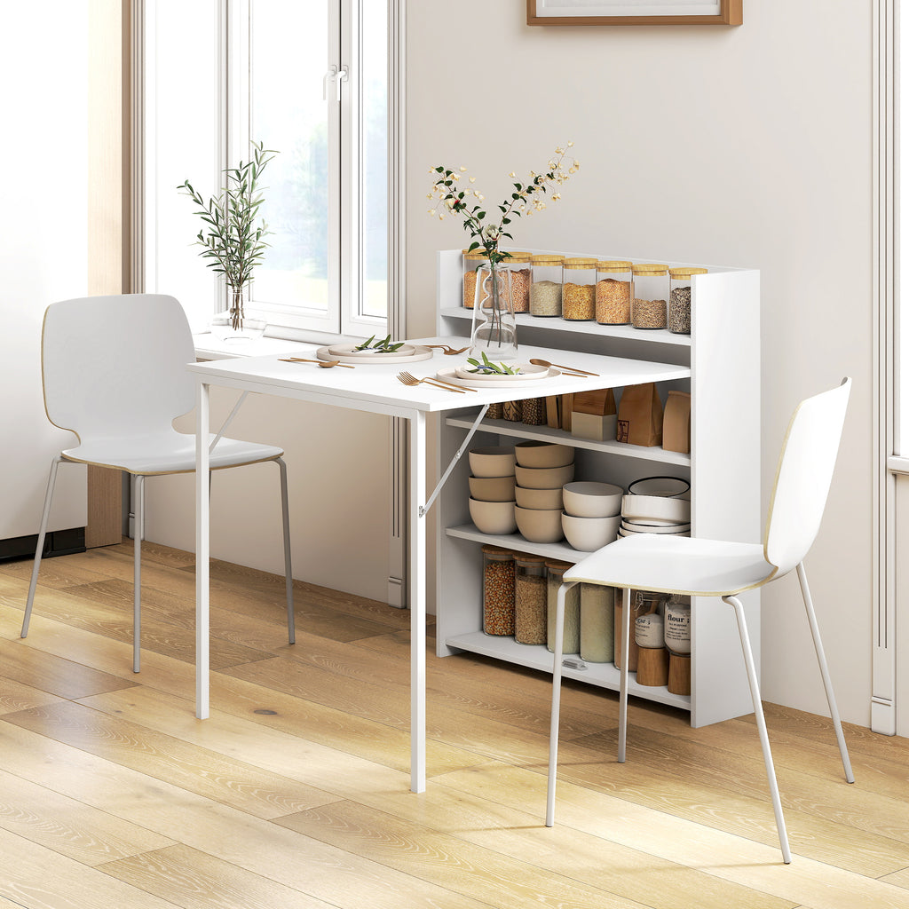 Kitchen Table, Folding Dining Table, with 4-Tier Shelves, Modern Drop-Leaf Table, White