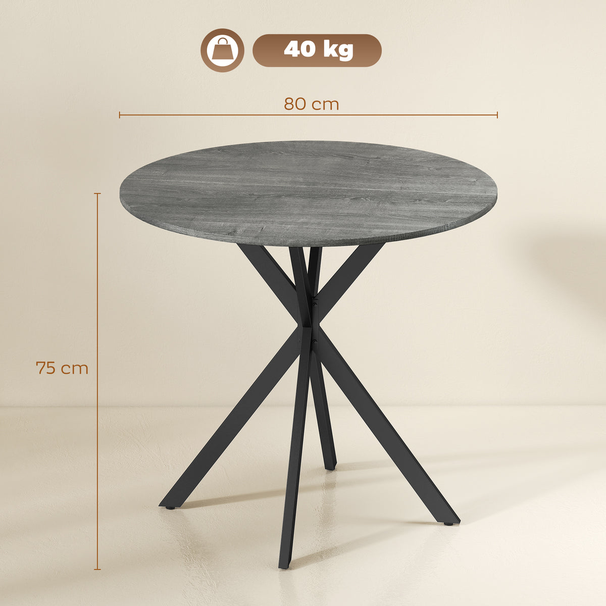 Runder Küchentisch, 80 cm, kompakte Tischplatte, Spanplatte, Metall, Grau