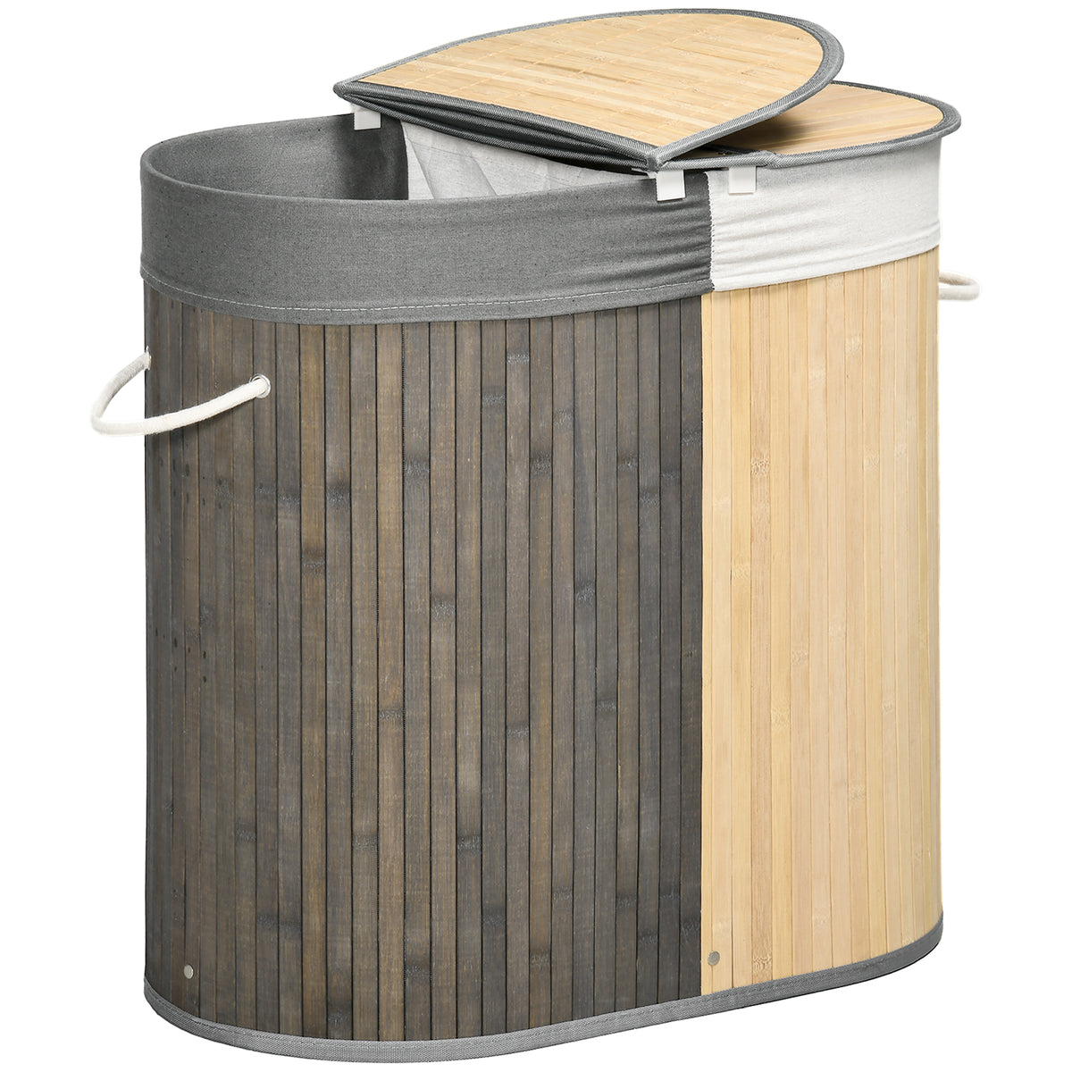 Bambus Wäschekorb mit Deckel 100L Wäschesammler mit Griffen, 2 herausnehmbarer Wäschesack, Wäschesortierer Wäschebox für Waschküche, Badezimmer, Schlafzimmer, Grau+Natur