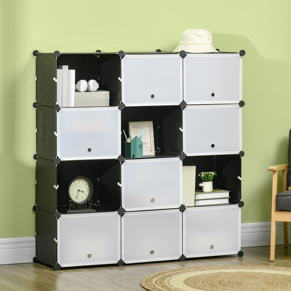 Modulares Regalsystem, Steckregal, zusammensetzbar aus 12 Würfeln 125 x 32 x 125 cm, Kunststoff+Stahl Schwarz