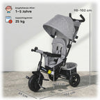 6 in 1 Kids Trike with Parent Handle, Canopy, 5-point Seat Belt, Storage, Footrest, Brake, for 1-5 Years, Grey