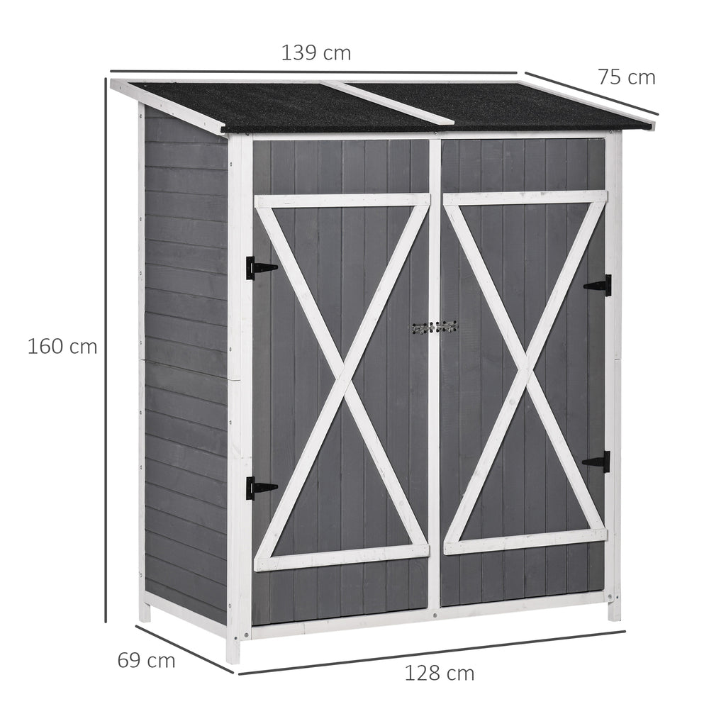 Gartenschrank Geräteschuppen mit 2 Tür Geräteschrank mit Asphaltdach Gartenlagerschrank Antidumping Design mit Bodennägel Tannenholz Grau+Weiß 139 x 75 x 160 cm