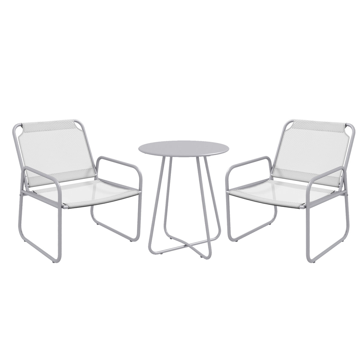 3-teiliges Gartenmöbelset, 2 Stühle mit atmungsaktivem Stoffbezug, 1 runder Tisch Ø60 cm, Hellgrau