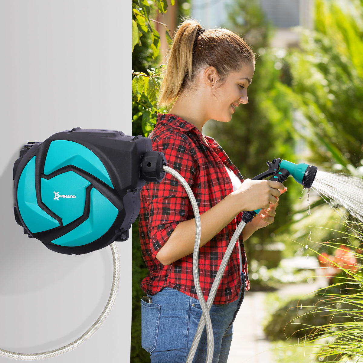 10m Garden Hose Reel Wall Mounted Auto Rewind with 7 Patterns Spray Nozzle, Includes Wall Fixings