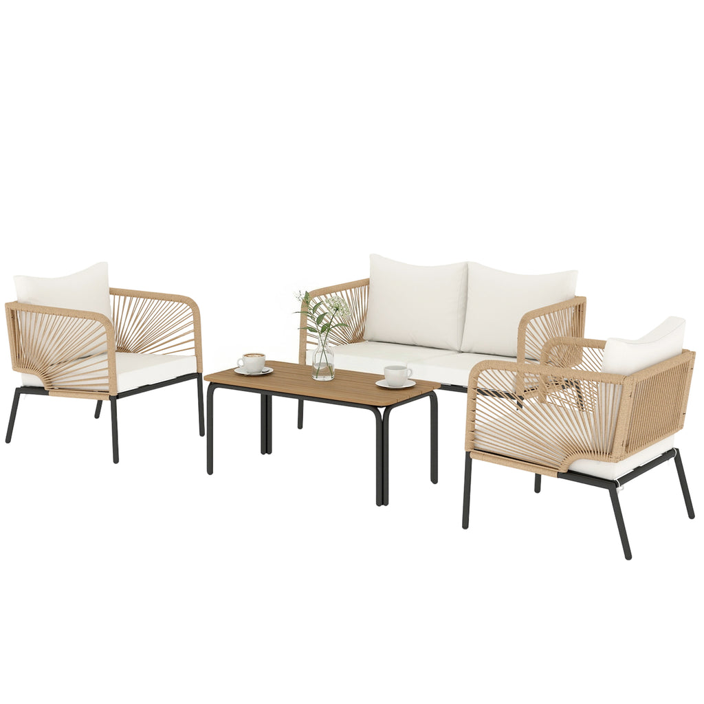 Gartenmöbel Set Sitzgruppe für 4 Personen Gartenlounge mit 2er Sofa 2 Sessel Lamell-Tisch Seilflecht waschbar Sitzkissen